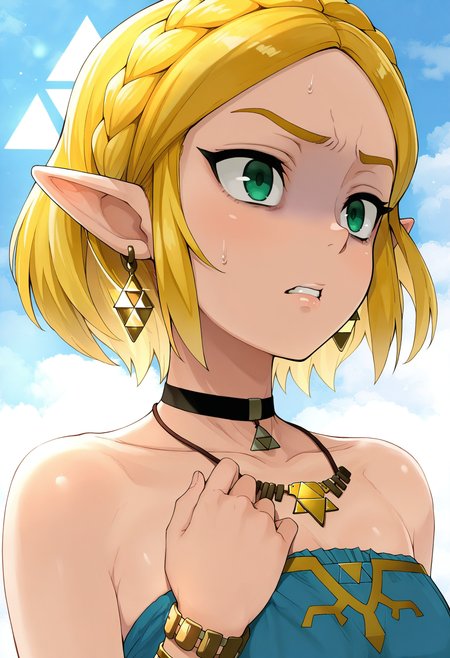 masterpiece,best quality,amazing quality,
1girl, princess zelda, solo, pointy ears, blonde hair, jewelry, green eyes, bracelet, earrings, bare shoulders, short hair, collarbone, parted lips, bangs, portrait, necklace, choker, braid, triforce, disgust, parted bangs, crown braid,
 <lora:Tamagoro_epoch_8:1>