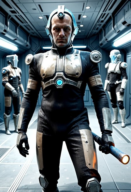 Corpus crewman in a spaceship corridor, science fiction,  dramatic shot, male focus, 1boy, male corpus crewman wearing corpus crewman helmet,  robot, rectangular helmet, blue light bar on helmet, brown and black corpus crewman suit, (helmet with hard edges, helmet with a flat front face, helmet with hard corners, helmet with blue light strip), black shoulder pad, tubes from metal chest plate, black gloves with silver palms, blue circle near hips,  metal bands below fore arm, fit, athletic build, square patch on thigh, holding electric baton,
realistic texture, realism, best quality, 
Corpus, corpus crewman, Tan and black corpus suit, corpus tileset,    Corpus helmet, wearing helmet, wearing corpus helmet, moa in the background, two legged robot in the background,