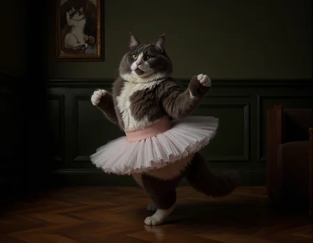 Da Vinci style <lora:funnys:0.7>, This is a high-resolution, CGI-rendered photograph of a fluffy, black and white Persian cat dressed in a ballet tutu. The cat is depicted mid-ballet pose, with one paw raised elegantly in the air, and the other firmly planted on the floor. The tutu is a soft, pastel white, adding a whimsical and playful element to the image. The cat's fur is meticulously detailed, showcasing its fluffy texture and the intricate patterns of its fur, including the distinctive markings on its face., The background features a dark green wall with elegant wainscoting, adding a classic and sophisticated atmosphere to the scene. On the wall to the left, there is a framed photograph of another cat, which adds to the whimsical and humorous theme of the image. The floor is made of polished, dark wooden planks, which contrast with the light colors of the cat and tutu. The overall composition and lighting create a warm and inviting environment, emphasizing the playful and humorous nature of the scene. The image captures the essence of a cat's natural grace and charm, combined with a whimsical, human-like pose and attire, making it a humorous and endearing portrayal . Realistic, sfumato, detailed, chiaroscuro, "abstract