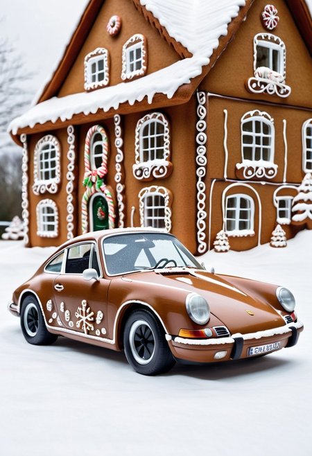 porsche 911,winter ,in front of house.Christmas<lora:GingerbreadStyle_epoch_10:0.7>