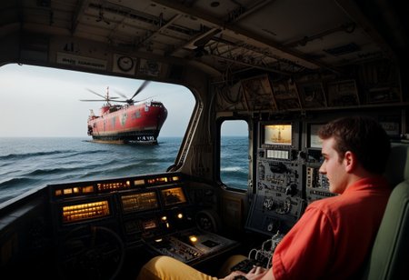 a polaroid picture of a field with a power line in the distance, a ship in the middle of a rough ocean, a large ship with a crane on top of it, a helicopter with a man in the cockpit, a couple of pilots sitting in a cockpit, a dashboard with a clock and a dash light, a yellow crane is parked on the tarmac, waves, a military vehicle is parked in a warehouse, formal, camouflage, a red object in a blue and white object