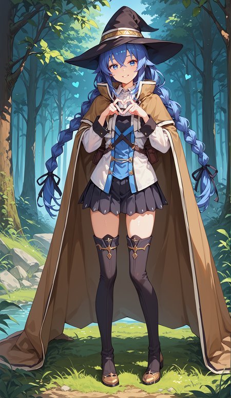 score_9, score_8_up, score_7_up,source_anime,
<lora:P-Roxy:0.8> r0x7, 1girl, solo, blue eyes, blue hair, long hair, hair between eyes, bangs, twin braids, brown cape, witch hat, cape, pleated skirt, long sleeves, black skirt, small breasts, seductive smile, parted lips, eyelashes, standing, (full body), thigh boot, black thighhighs,<lora:Heart_Fingers__Concept_Lora:1> heart fingers, heart hands, forest background, 
,glistening skin, <lora:shinyskin2:0.5>, 
masterpiece, expressiveh, <lora:Expressive_H:0.3>