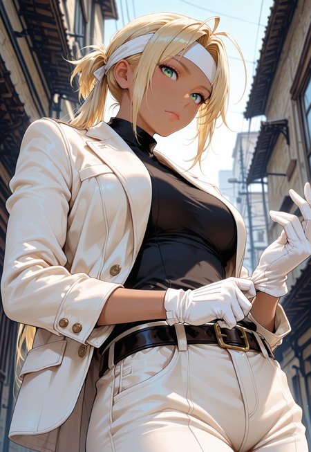 ultra realistic, masterpiece, high detailed skin, best quality, high res, very aesthetic, absurdres, anime style, studio anime, source_ecchi, anime, masterpiece, best quality, good quality, very aesthetic, absurdres, newest, 8K, depth of field, focused subject,  low angle, from below, portrait, 1girl, solo, long hair, looking at viewer, bangs, shirt, gloves, sleeves, closed mouth, jacket, short ponytail, blonde hair, cowboy shot, open clothes, belt, pants, white gloves, dark skin, dark-skinned female, green eyes, parted bangs, black shirt, turtleneck, (white jacket:1.3), suit, adjusting clothes, white pants, adjusting gloves, antenna hair, pulling glove, white headband, outdoors,
