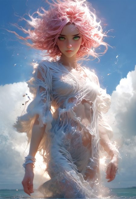score_9, score_8_up, score_7_up,  Floating above the clouds, it depicts a charming girl with water elements, spinning and dancing in the air. She has a pair of sharp green eyes and flowing blue-pink hair, which seems to be blown by the breeze, exuding an ethereal beauty. Wearing a white sheer dress that highlights every move she makes, the photo was shot from a vibrant Dutch angle, adding an element of drama. This visually striking painting perfectly captures the essence of elegance and power, making it a truly stunning work of art.  Cinematic footage, 8K.<lora:Expressive_H-000001:0.8>, expressiveH    <lora:Fant5yP0ny:0.9>  <lora:Pony_DetailV1.0:0.9> <lora:PonyAirElementals:0.8>