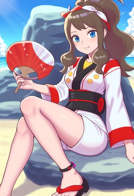 hinosaki, [leveen], (1girl), solo, sitting, on_rock, on_beach, day, sunshine, smile, sumhilda, hilda_\(pokemon\), long_hair, brown_hair, sidelocks, high_ponytail, hairband, hair_ribbon, hair_ornament, blue_eyes, japanese_clothes, white_kimono, sash, long_sleeves, white_shorts, anklet, sandals, toes, official_alternate_costume, hand_fan, masterpiece,amazing quality, very aesthetic, high resolution ,ultra-detailed, absurdres, newest