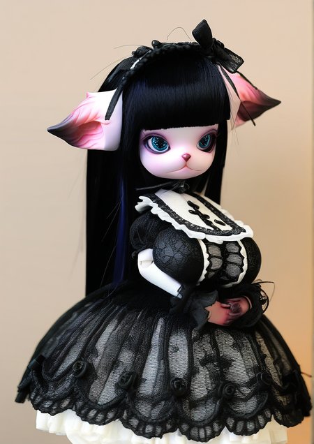 <lora:DOLL_ZONE_furry:1>,1girl, huge breasts, Miss Kitty(ND), young girl, animal ears, Ears Down, long hair, black hair, blunt bangs, blue eyes, gothic DRESS, gothic,