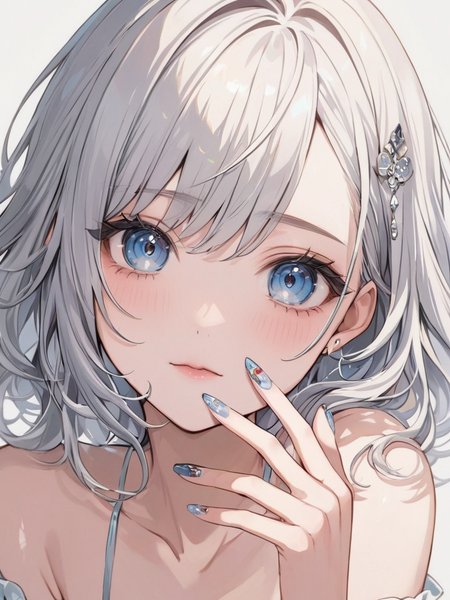 masterpiece,ultra-detailed,best quality,8K,illustration,cute face,clean skin ,shiny hair,girl,ultra-detailed-eyes,simple background, <lora:add-detail-xl:1>  <lora:nail art_XL_V1.0:0.6> nail art, fingernails