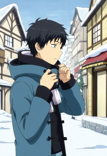 high resolution, solo, best quality, 1Boy, Arata Kaizaki, Black Hair, chilling, snow town, winter jacket, OverallDetail