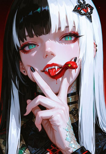 (juufuutei_raden:0.4), usnr, 748cmstyle, aestx, brushstroke \(medium\), masterpiece, best quality, good quality, very awa, very aesthetic, absurdres, newest, year 2024, realistic, 1girl, snake_girl, solo, snake, white hair, long straight hair, black hair_ornament, Lilith, emerald eyes, slit pupils, single blood tear, snake eyes, red lips, parted_lips, snake teeth, (snake tongue:1.1), iridescent snake skin, scales, cheek squash, v over mouth, ringed fingers, black nail polish, piercing, looking at viewer, head slightly tilt back, close up face portrait, illustration, surreal, gradient crimson background,