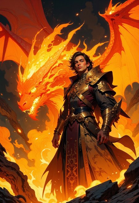 Clad in robes of flickering flame and adorned with golden runes, the Emberheart god king is a walking inferno of power and passion. His brown hair crackles like a living blaze, and his molten hazel eyes burn with the intensity of an eternal fire. At his side soars a magnificent fire dragon, its scales ablaze with hues of crimson, orange, and gold. With each beat of its wings, embers rain down, igniting the air with sparks of magic. Together, they embody rebirth and destruction, their presence heralding either salvation or ruin, depending on the hearts of those who stand before them.  He is clean shaven, built like Adonis.