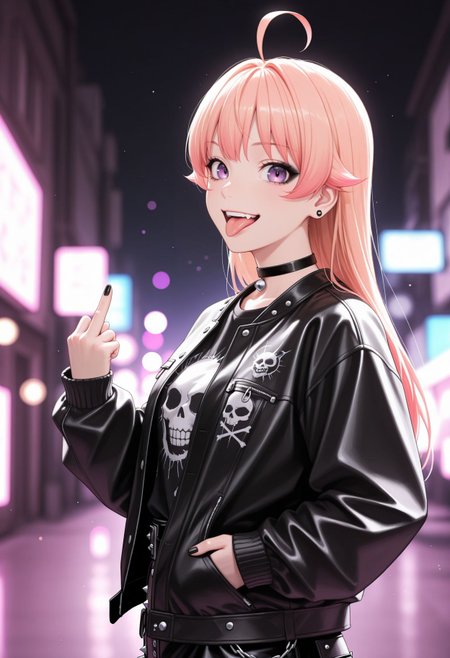 masterpiece,best quality,absurdres,highres,very aesthetic,high quality,detailed,insanely detailed,beautiful,perfect lighting, ,depth of field,blurry background,bokeh, looking at viewer,
, from side, ((punk outfit,)), smile, open jacket, hand on pocket, goth eyeliner, open mouth, full teeth, middle finger, tongue out, black nails
 <lora:Wakatsuki Niko illu:1> 1girl, pink hair,ahoge, purple eyes, long hair, choker,