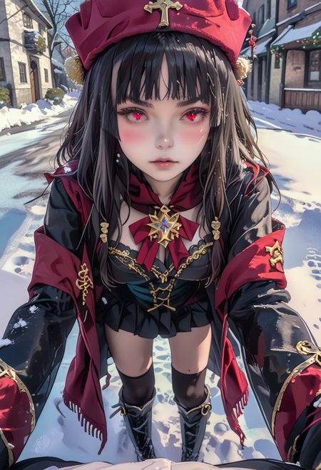 score_9_up, score_9, score_8_up, score_7_up, rating_explicit, 1girl, beautiful, cute, kawaii, young woman, 
cozy winter ensemble with modern flair, she holding Love message give it to the viewer, little delicate snowflakes above the head, blushing, (shy:0.9), (confounded:0.6),  
male pov, detailed background, source_anime, anime, 
frosted alley between snow-dusted buildings, icy pathway, near a warmly lit winter cafe, 
Valentine's atmosphere, twinkling snowflakes, male pov, she leaning forward to pov, 
crisp snowy boulevard, standing, sfw,, Sekai Seifuku, Long black hair, Red eyes, Hime cut, Pale skin, Red military uniform, Black thigh-high socks, Black boots, Gold emblem on hat, Dominatrix-style outfit, Crown, See Description "Triggers and CLothes Prompts"