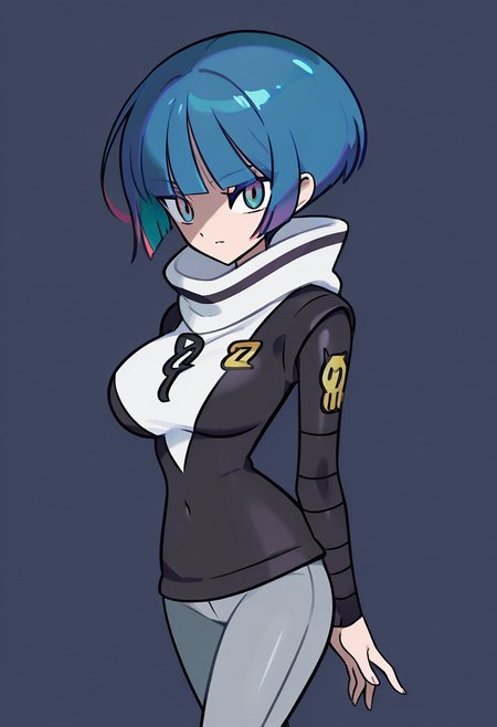 score_9,score_8_up,score_7_up,score_6_up,score_5_up,score_4_up,BREAKmasterpiece, hyper detailed, best quality, insanely detailed, high quality, exquisite, detailed, beautiful, ultra detailed,
score_9, score_7_up BREAK  <lora:pkmntgg-pdxl-nvwls-v1:0.8> pmtgg, Blue Hair,short hair, blunt bangs, green eyes, large breasts,black and white dress, two-tone dress, grey bodysuit, bodysuit under clothes, grey pants,
 mouth open,pose, mysterious, unique, 
in Take+sugimori ken style,