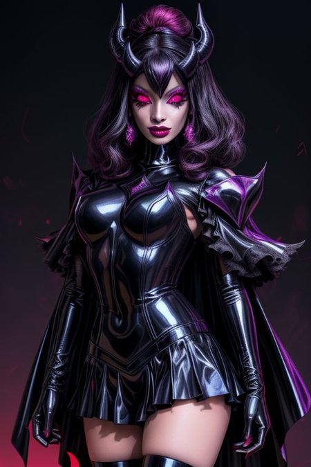 MEvil, DemonicT, EvlSM, Bad_End_Precure, DarkPrecure, adult, evil corrupted princess wearing dark pastel (ruffled:1) (gleaming latex:1)  gown with (long latex cape:1) and latex elbow gauntlets, soft lighting, ruffles,
(makeup, lipstick, mascara, eyeshadow),
(blue skin, black sclera, colored sclera, colored skin, yellow eyes, demon wings, demon horns, slit pupils),
(red eyes, colored skin, glowing eyes, evil smile:1),
<lora:more_details:1>,