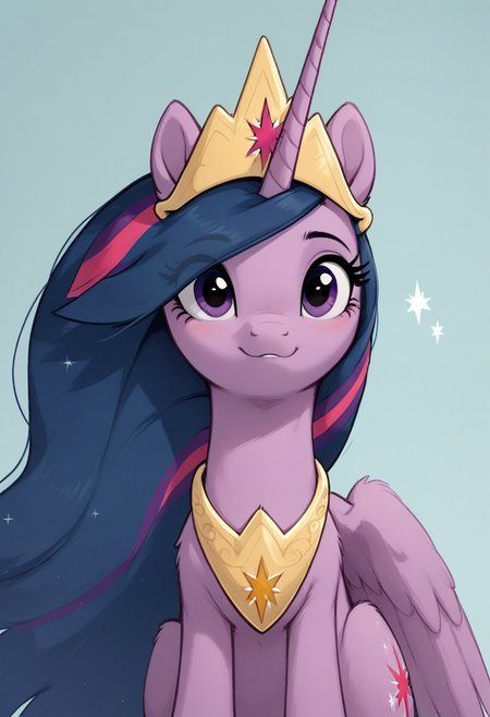 score_9, score_8_up, score_7_up, score_6_up, score_5_up,score_4_up twilight sparkle, future_twilight_sparkle, tiara, alicorn Princess Twilight Sparkle from My Little Pony is a light purple unicorn with a navy blue mane and tail, large purple eyes, and a pink star cutie mark. Her appearance changes slightly as she grows up and transforms into an Alicorn. 
Physical description 
Body color: Lavender or light purple
Hair color: Dark indigo with pink and purple streaks
Eye color: Purple
Cutie mark: Pink six-pointed starburst with five smaller white stars
Mane and tail: Straight, with one light purple streak and one slightly darker purple streak