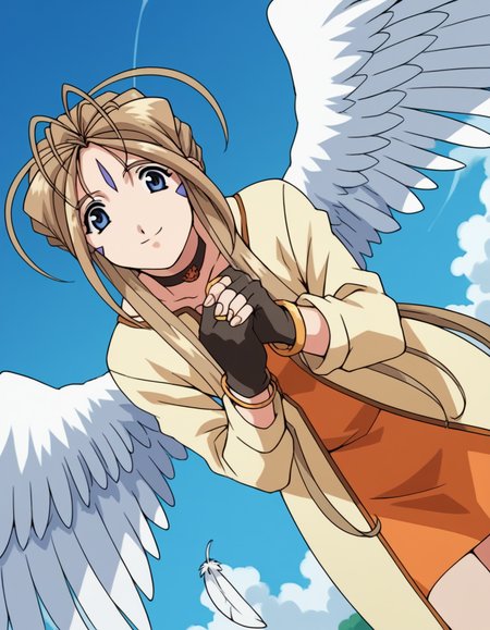 score_9, score_8_up, score_7_up, source_anime,
belldandy, <lora:belldandy-s2-ponyxl-lora-nochekaiser:1>,
belldandy, long hair, blue eyes, brown hair, facial mark, forehead mark,
gloves, wings, choker, fingerless gloves, bracelet, ring, feathers, angel wings,
sky, blue sky, clouds, bent over, smile,
cowboy shot, solo, dutch angle, looking at viewer,