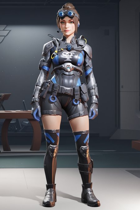 score_9, score_8_up, score_7_up, score_6_up, BREAK, AliasDeepDCODXL, scar on face, green eyes, brown hair, short hair, single hair bun, headset, googles on head, medium breasts, black armor, shoulder pads, blue bodysuit, black bodysuit, multicolored bodysuit, skull print, blue gloves, black belt, black shorts, black thighhighs, black boots, solo, full body, standing, looking at viewer, indoors <lora:AliasDeepDCODXL:0.8>