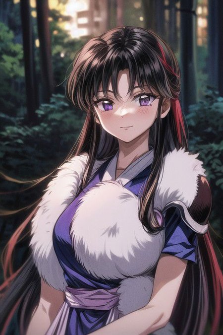 masterpiece,  best quality 1girl Setsun4 solo long hair,  (night time) forest background black hair very long hair purple eyes multicolored hair armor (fur trim) (medium body),<lora:EMS-179-EMS:0.800000>,<lora:EMS-293862-EMS:0.800000> bow, hair_bow, hair_tubes, red_bow, brown_hair, long_hair, bangs, ascot, frilled_bow, yellow_ascot, blush, smile, hair_between_eyes, athletic, armor, miko