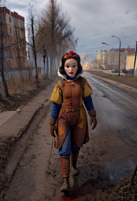 Rusted, rusted landscape, an Disney princess Snow White,  wearing a Hazmat suit, walking on a side walk in a run down russian city, smoke, chem trails, extreme close-up, portrait, raw, masterpiece, extreme insanely realistic detailed and intricate, extreme realistic detail, doomer aesthetics, depressing feelings, night, panelka,vintage painting,painting,realism,