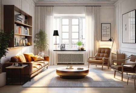 ((front view)), ((animation style)), modern-style interior, with white walls, (large windows), Nordic-style furniture, a  study, Sofa, coffee table, bookcase, single wall, 
warm light morning sun, (the view of the city)