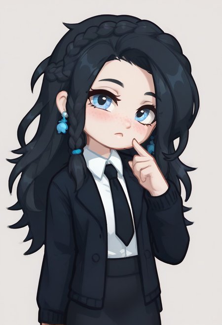 score_9, score_8_up, score_8,  GELUGDD, GELUGDDGacha, Gacha, girl, black hair, long hair, braid, blue eyes, blue earrings, black tie, black skirt, black jacket with tie,