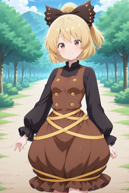 absurdres, highres, masterpiece, best quality, amazing quality, official anime artwork, screencap, anime screencap, outdoors, looking at viewer, light smile, dynamic pose, standing,
 <lora:Yamame-Kurodani_Illustrious:1> kurodani yamame, 1girl, solo, brown eyes, blonde hair, long hair, ponytail, small breasts,, hair bow, black bow, brown dress, black sleeves, long sleeves, puffy dress,