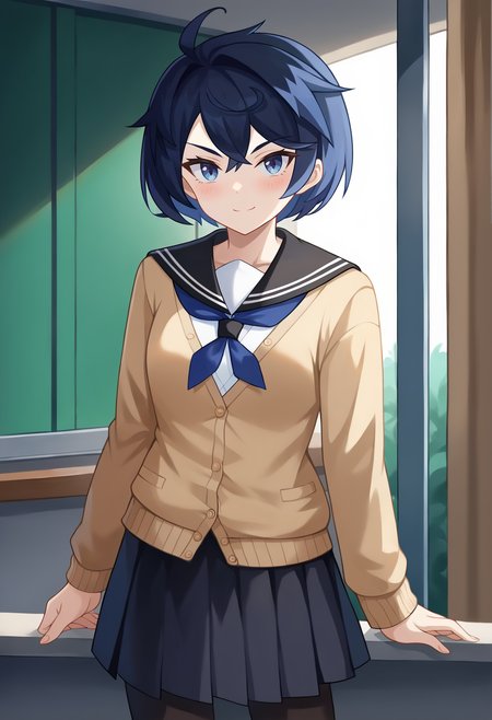 score_9, score_7_up, hd, (ultra hd quality details), source_anime, indoors,
solo, 1girl, rlsheffy, black hair, blue hair, short hair, ahoge,
school uniform, brown cardigan, black sailor collar, blue neckherchief, long sleeves, black skirt, black pantyhose,
looking at viewer, blush, serious, smile,
standing, arm support, window,
<lora:_sheffy_elesico-pony:1>