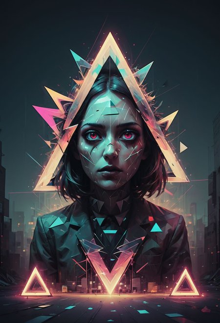 Surreal graffiti, glitchcore, double exposure, poster style, geometric, triangles, glitchy, eerie, lights, occult, dark,