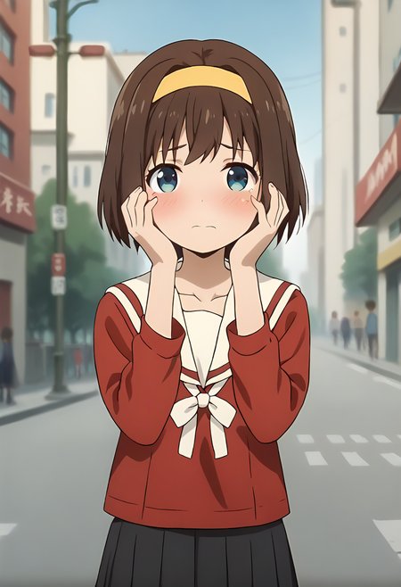 score_9, score_8_up, score_7_up, source_anime, masterpiece, 1girl, ctianm0rin0, red serafuku, white sailor collar, ribbon, black skirt, long sleeves, pleated skirt, looking at viewer, city, outdoors, depth of field, facing viewer, <lora:Seria_morino_pony_ct:0.8>, hands on own face, embarrassed, blush, collarbone, bone,