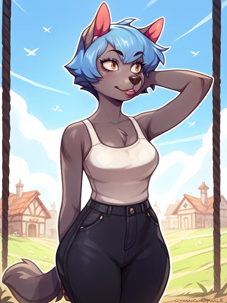 score_9, score_8_up, score_7_up, score_6_up, score_5_up, score_4_up,
BREAK
wolf girl, furry, snout, black fur, blue hair, short hair, messy hair, tomboy, looking away, adjusting hair,
BREAK
solo, standing, large breats, white tank top, black pants,
BREAK
outdoors, cyancapsule, <lora:Lunas-CyanCapsule-SDXL-A1:1>