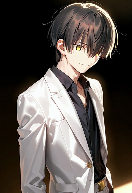 ((masterpiece, best quality, amazing quality, very aesthetic, absurdres)), 
Takeuchi takashi, ((solo)), calm, smile, closed mouth, 1boy, solo, peaceful, closed mouth, slim_build, detailed eyes, (((yagami_light face))), (((black hair, yellow eyes))), ((short hair, hair between eyes)), (((white suit, open suit, black shirt, collared shirt, black slacks))), no background, dark background, sideshot, cowboy shot, dark background, portrait,