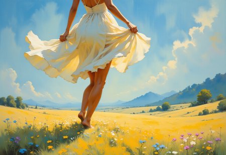 A close-up from behind, capturing just the curve of her thighs and the soft arch of her back as she walks through the summer meadow. The camera focuses on her legs, which are slightly parted, her thighs toned and glistening under the gentle sunlight, the soft fabric of her skirt blowing in the breeze. The wind lifts the hem of the skirt just enough to reveal a hint of delicate lace at the edge of her slip, a subtle yet alluring detail that catches the eye. The light pastels of the meadow blend softly with her skin, with the faint pinks and blues reflecting in the quiet beauty of the moment. Her back, slender and smooth, arches ever so slightly with each graceful step, the sun casting a warm glow over her skin. In the background, the sky is a perfect summer blue, with fluffy, distant clouds, as though the world is watching in peaceful silence. The focus is entirely on her form—the delicate curve of her back, the graceful bend of her legs, and the way the wind interacts with her clothing, evoking a sense of freedom and natural beauty. The scene is quiet, intimate, and sensual, without needing to show more—just the suggestion of something beautiful and alluring in its simplest form.