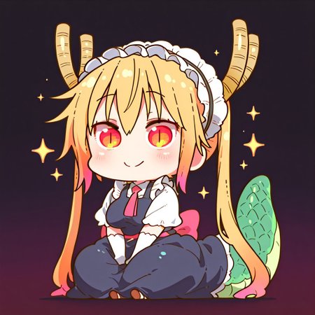 masterpiece, best quality, simple illustration, Tohru, Tohru_(Maidragon) , full body, solo, dark background, sparkles, vivid colors,  tail ,happy, sitting, Main Outfit, looking to viewer, chibi, CuteChibi_ST, CTCB_ST