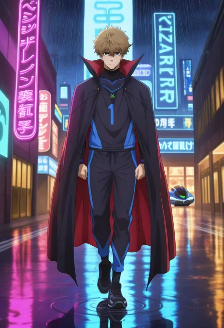 masterpiece, best quality, , anime screencap, , official style, , 1boy, solo, male focus, <lora:asahi_naruhaya_ilxl:0.96>, asahi_naruhaya, brown hair, brown eyes, short hair, hair between eyes, bangs, sportswear, cyberpunk street, neon signs, hovercars, rain puddles, walking pose, alert expression, night, vampire costume