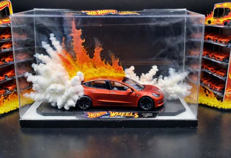 Hot Wheels toy car company have made a toy car version of a Tesla Model 3, The toy telsa model 3 car comes in a mini display unit/box. The car is exploding into fire and flames, white smoke fills the top of the display box, (realistic explosion from car), (realistic Flames bellow from the car windows inside the display unit),  (standing next to the car is a little palstic toy man, he holds both arms in the air,
