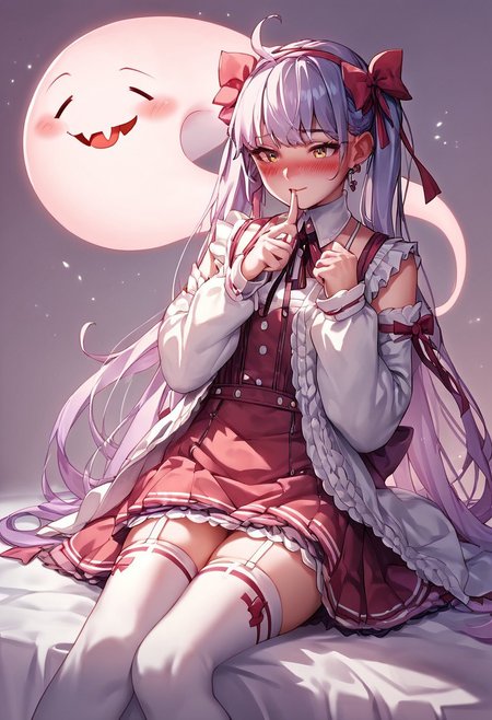 rinotuna, source_anime, score_9, score_8_up, score_7_up, score_6_up, score_5_up, thighhighs, <lora:D4lm4uXLP:1> d4lm4u, 1girl, ghost, blushing
