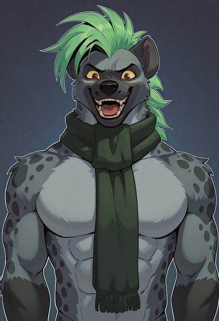 score_9, score_8_up, score_7_up, score_6_up, score_5_up, score_4_up, masterpiece, hires, absurdres, best quality, amazing quality, newest, L0U-Y33N, Hyena, spotted hyena, furry, male, solo 1boi, grey fur, dark grey snout, dark grey ears, dark grey spots, green hair, green mane, long hair, fauxhawk, brown eyes, yellow sclera, anthro hyena, scarf, bara, muscular, laughing