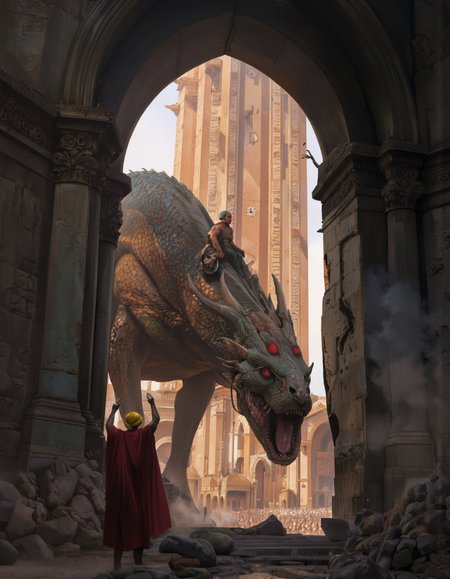 Art by Zhang Jing. A dramatic digital illustration shoot from a far camera angle about a fantastical scene featuring two large, menacing creatures in a ruined cityscape. the scene is set in an arched doorway, with a large, ornate building in the background and a crowd of people in the distance. on the left side of the image, a man, presumably in his late 20s, appears to be standing with his arms raised, wearing a red robe and a yellow turban, while on the right side, another man, in his mid-20s, is sitting on the back of the dragon, facing the viewer. the dragon's scales are intricately detailed and its mouth is open, showing sharp teeth. the man in the red robe is positioned at the front of the scene, while the other man is positioned in the back, facing away from the camera. the overall atmosphere is dramatic and dramatic, with the presence of the two creatures and the grandeur of the cityscape behind them.