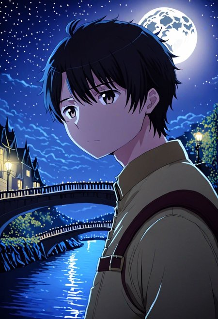 high resolution, solo, best quality, 1Boy, Inaho Kaizuka, Black Hair, depth of field, moon, fantastic night, dreamlike, midle of bridge, OverallDetail