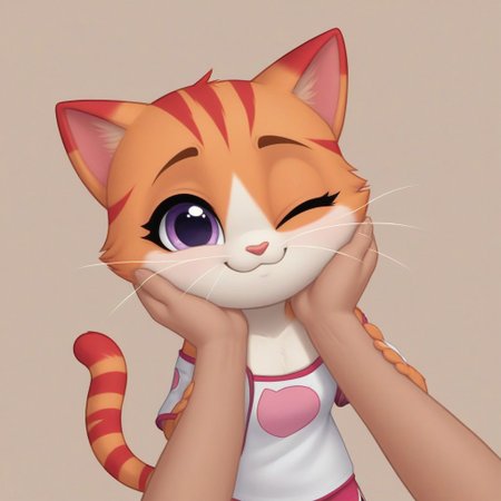 SuperKitties, Anthropomorphic body, Ginny, mammal, furry, orange tabby munchkin, \(artwork\), 2023, solid color background, human hands (skin tone: white peach skin), shaded, portrait, fur, female, biped, short stack, purple eyes, red stripes, cat tail, ears down, brown thin eyebrows, one eye opened, light pink solid color shirt, oversized shirt, one shoulder off, magenta dolphin shorts, looking at the viewer, one eyelash, POV both hands on cheeks, hand holding, smiling, sad, mouth closed, no hair only fur, shading, oval-shaped head, white whiskers, white vanilla colored hands and feet (paws) close up