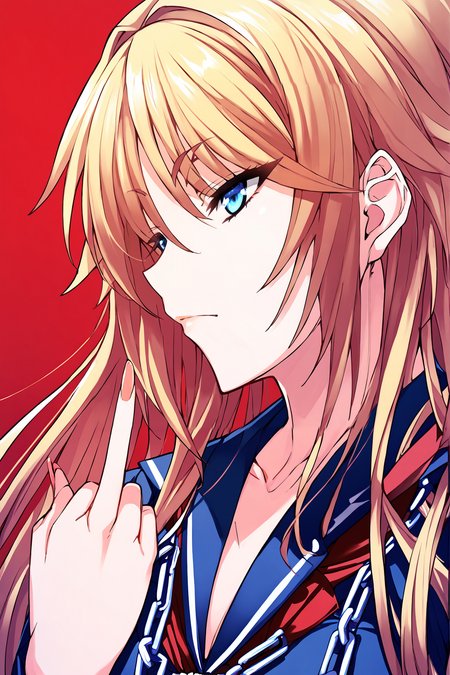 score_9, score_8_up, score_7_up, score_6_up, score_5_up, score_4_up, profile picture, 
1girl, solo, Tsujidou Ai, long hair, blonde hair, blue eyes, chains, serafuku, simple background, red background, gradient background, hand on own hip, middle finger, (light frown:0.8), (glowing eyes:0.9), <lora:Tsujidou_Ai2.0:1>