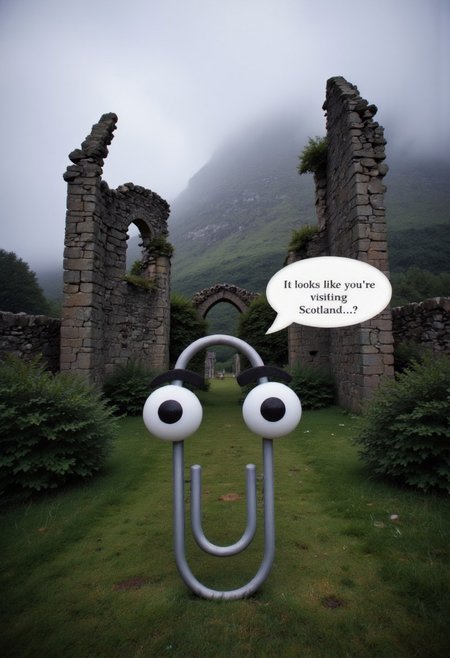 A misty evening surrounds the crumbling walls of an ancient Highland castle, where clippy with big eyes stands up close, with speech bubble "it looks like you're visiting Scotland...".  Clippy seems to belong to the ruins, a guardian of a forgotten time, and its presence fills the air with a sense of reverence and mystery, low angle, foliage obscuring lens
