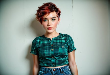score_9, score_8_up, score_8, score_7_up, score_7, score_6_up, rating_explicit, centered in frame, close-up focus on face, (AshleeIrreal), intricate detailed eyes, realistic green pupils, green pupils, (small waist:1.3), (wide hips:1.5), thick thighs, (short red hair, pixie cut hair), detailed realistic skin, detailed face, (wearing green plaid button up shirt), High Waisted Tight Jeans, ((woman wearing tight high waisted denim jeans)), flat chest, cameltoe, solo, (Model Pose), masterpiece, DSLR, cel shading, dynamic shadows, hyperrealism, realistic, hyper detailed, cohesive