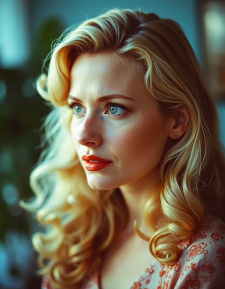 A 35mm analog kodachrome photo, high iso, a blonde women called Margret Thatcher