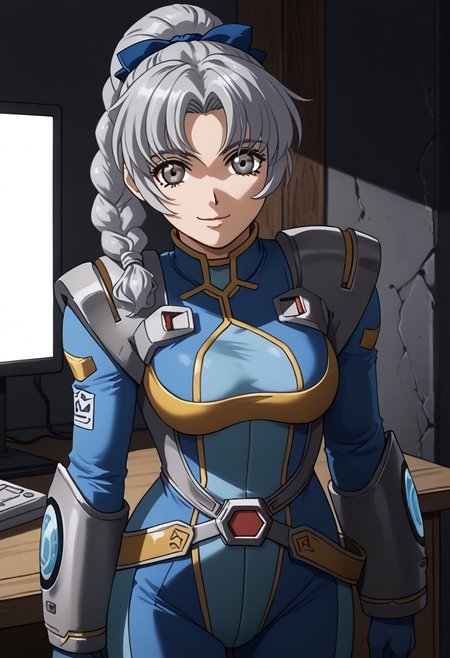 score_9, score_8_up, score_7_up, 1girl, solo, grey hair, grey eyes, braided ponytail, srwbluepilotsuit, blue bodysuit, pauldrons, wrist guards, metal belt, grey armor, helmet removed, no headwear, looking at viewer, slight smile, cowboy shot, indoors, metal wall, metal walls, monitor,