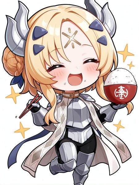 chibi, dogmatika ecclesia the virtuous, 1girl, solo, food on face, white background, chopsticks, rice on face, holding bowl, rice bowl, holding chopsticks, open mouth, smile, blue hairclip, black full bodysuit, blue hair ribbon, gold forehead mark, simple background, blush, silver hair ornament, white cape, silver armor, silver breastplate, silver shoulder armor, silver armored gloves, white waist cape, silver armored boots, sparkle,
masterpiece,best quality,amazing quality,very aesthetic,absurdres,newest,<lora:Dogmatika Fleurdelis & Ecclesia the Virtuous illuXL v1:0.75>,