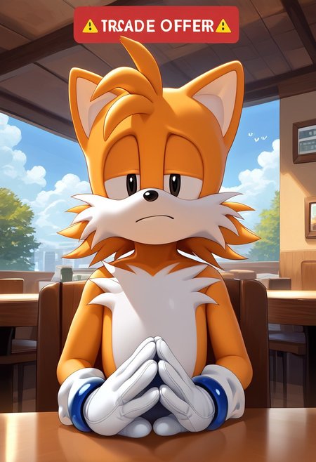 score_9, score_8_up, score_7_up, source_anime,  BREAK
masterpiece, best quality, ((shorter male)), 1boy, solo, Classic_Tails, 1boy, gloves, animal ears, tail, shoes, white gloves, black eyes, fox ears, fox tail, sitting behind table, elbows on table, furry, furry male, body fur, animal nose, two tails, fox boy, tails (sonic), short, solo, own hands together, upper body, TradeOfferMeme, wfpdw, restaurant, sitting, on chair, at table, waiting, annoyed, (masterpiece, best quality:1) , looking at viewer, frown