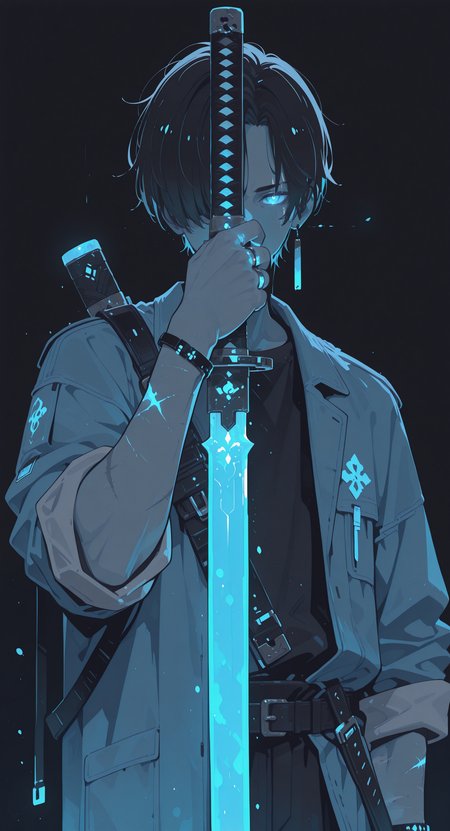 masterpiece, best quality, good quality, newest, highres, absurdres, solo, looking at viewer, short hair, blue eyes, simple background, shirt, black hair, long sleeves, 1boy, holding, jewelry, jacket, upper body, male focus, weapon, hand up, sword, holding weapon, bracelet, glowing, holding sword, ring, black background, katana, glowing eyes, sleeves rolled up, spot color, one eye covered, blue theme, covered mouth, glowing eye, scar on arm, Ethereal Brushstroke,
Flat vector illustration,
h4ra_illu <lora:illustriousXL_stabilizer_v1.23:0.3> <lora:NOOB_vp1_detailer_by_volnovik_v1:0.3> <lora:ponyv6_noobE11_2_adamW-000017:0.45> <lora:Illustrious:0.15> <lora:checkpoint-e18_s306:1.5> <lora:hara_id_21:0.8> <lora:-_iLL_-_the_edgy_mech_V2.0-:0.5>