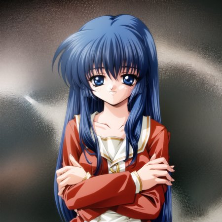 masterpiece, highest quality, high quality, sharp, detailed, scan,
amasawa ikumi, crossed arms, 1girl, transparent background, solo, blue hair, long hair, black background, letterboxed, red jacket, blue eyes, smile, long sleeves, jacket, upper body, retro artstyle