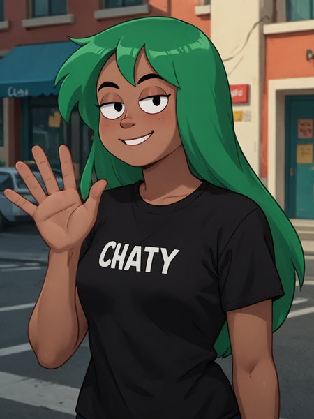 score_9, score_8_up, score_7_up,  score_6_up, BREAK, P0nchingJ0dy, 1girl, solo, long hair, green hair, dark-skinned female, black shirt, smile, upper body, raise left hand, waving, looking at viewer,  <lora:Punching Judy-000009:1>